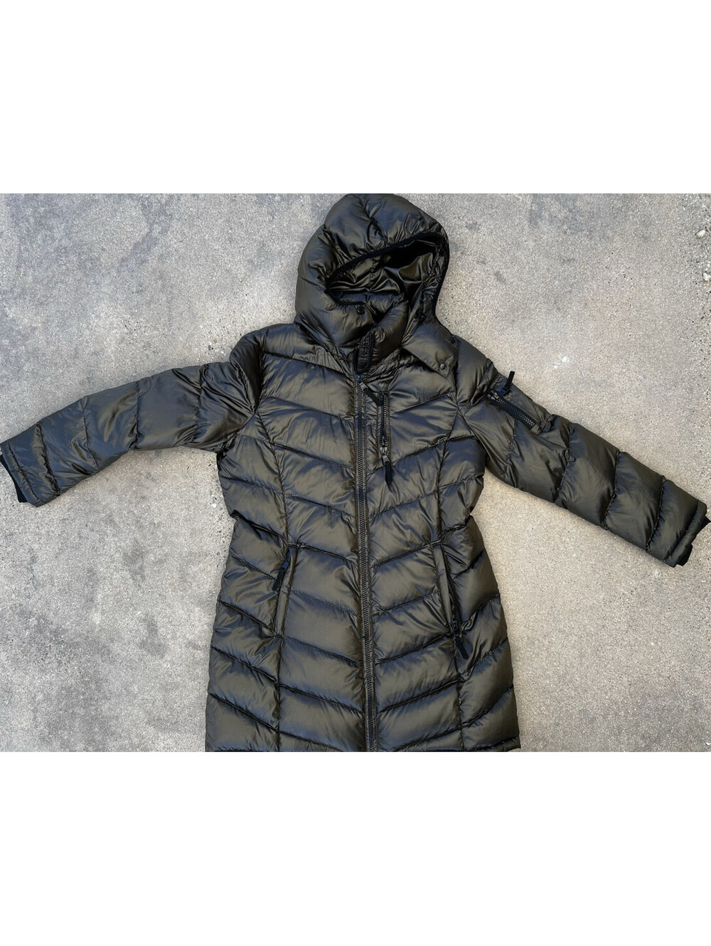 Andrew Marc XL Packable Lightweight Premium 650 Down Hooded Long Coat Metallic